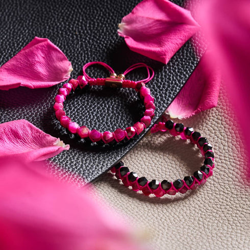 Quartz magenta et agate noire | Or rose | Bracelet double géométrie